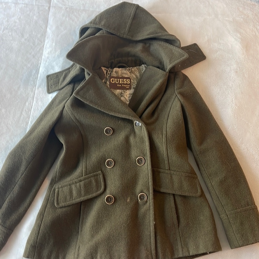 Guess green pea coat with removable hood